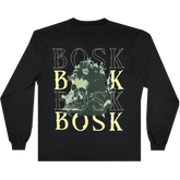 The BOSK Allure LS Tee is a black long sleeve shirt with a skull overgrown by plants and “BOSK” in pale yellow and green. Made from heavy-weight cotton, it offers bold style and comfort.